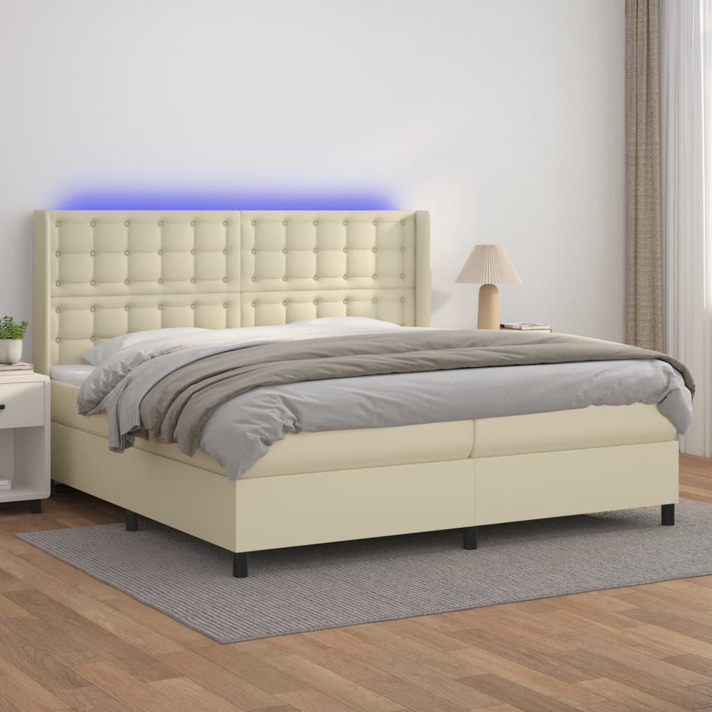 Lumarko Łóżko kontynentalne z LED, materac, kremowe, ekoskóra 200x200cm
