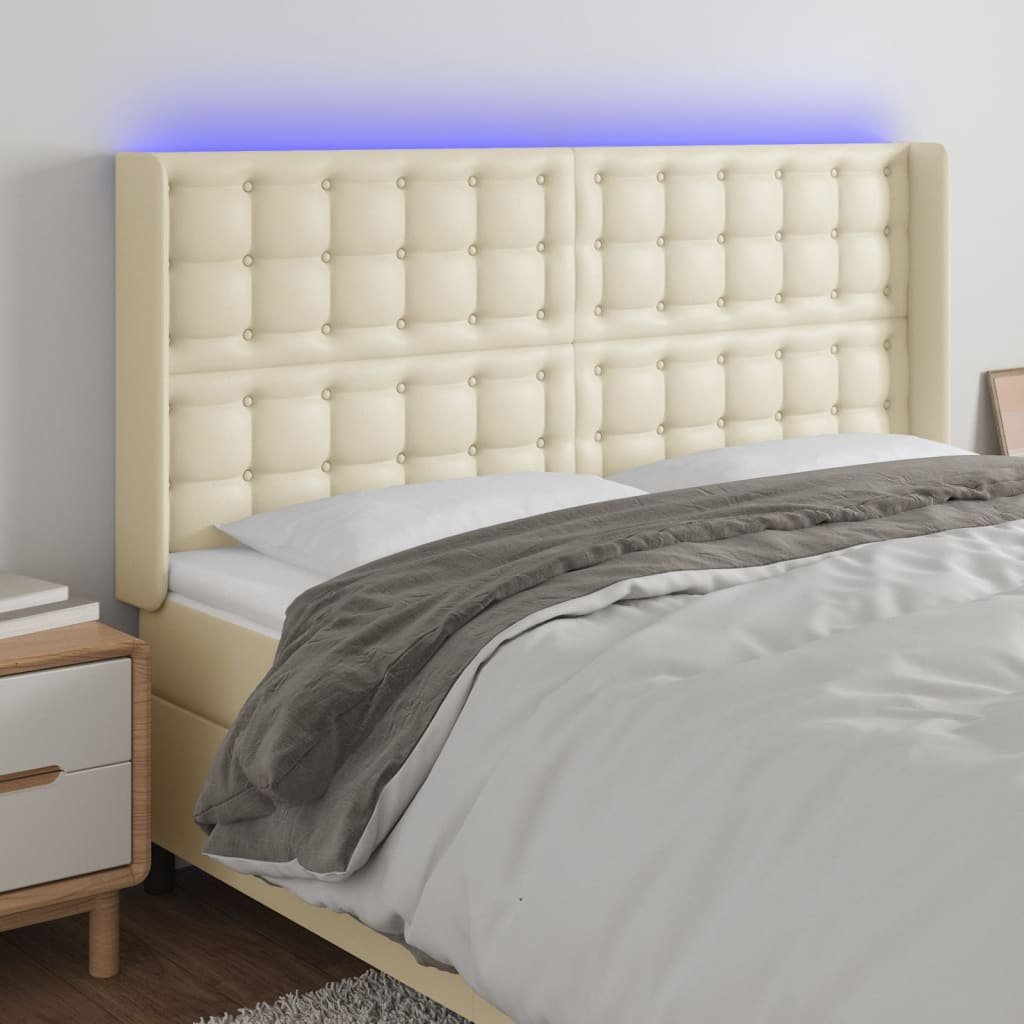 Lumarko Zagłówek do łóżka z LED kremowy 163x16x118/128cm sztuczna skóra
