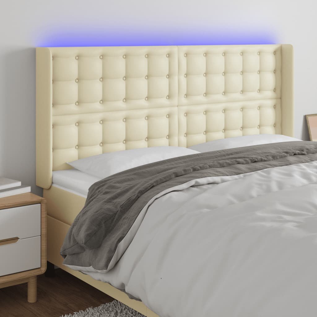 Lumarko Zagłówek do łóżka z LED kremowy 147x16x118/128cm sztuczna skóra