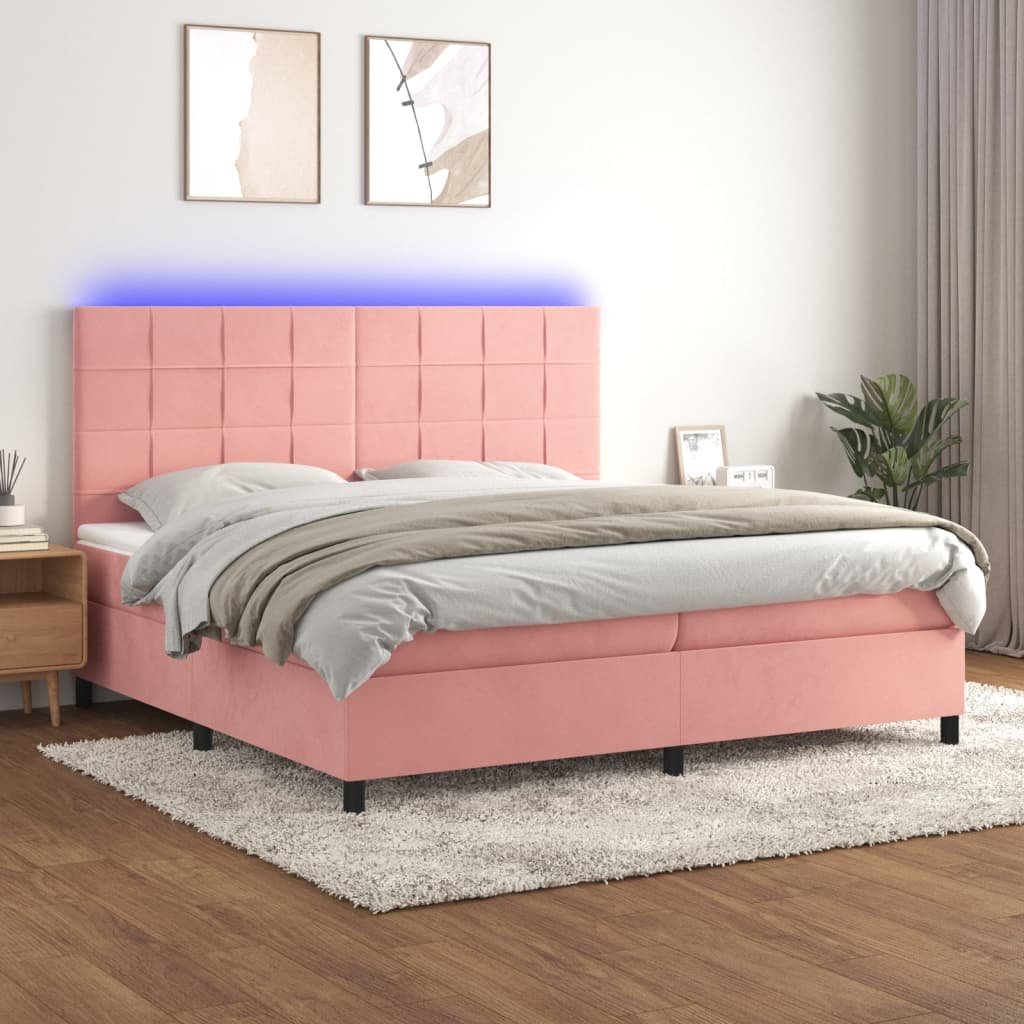 Lumarko Łóżko kontynentalne z materacem i LED, różowy aksamit 200x200cm