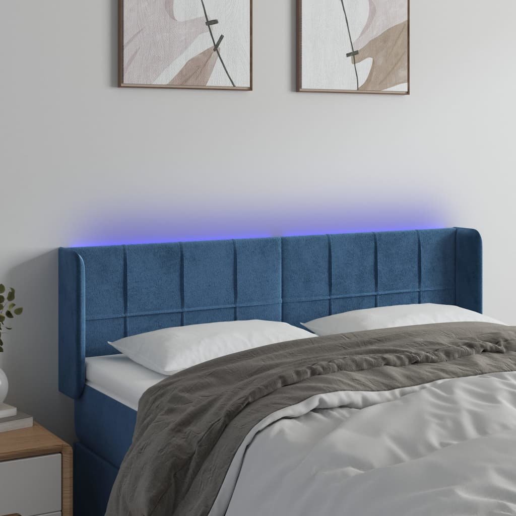 Lumarko Zagłówek do łóżka z LED ciemnoniebieski 147x16x78/88 cm aksamit