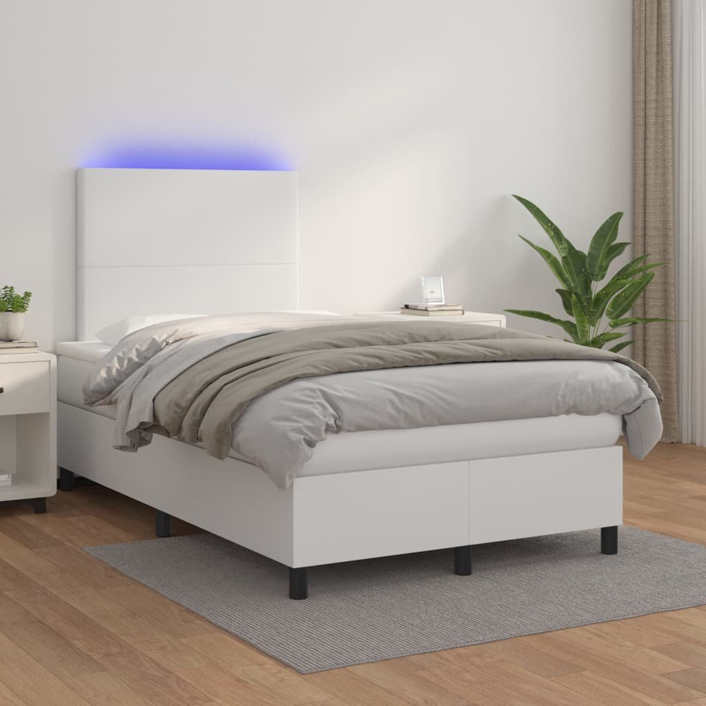 Lumarko Łóżko kontynentalne z materacem i LED, biała ekoskóra 120x200cm