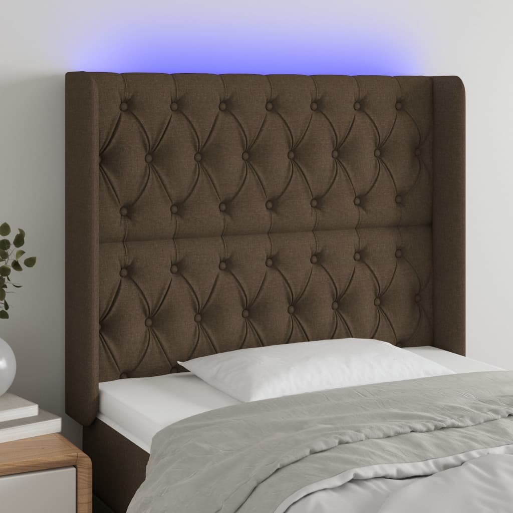 Lumarko Zagłówek do łóżka z LED ciemnobrązowy 103x16x118/128 cm tkanina