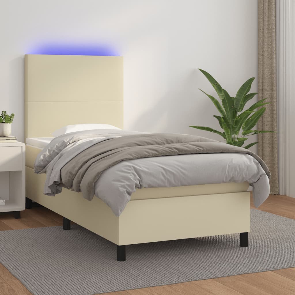 Lumarko Łóżko kontynentalne z LED, materac, kremowe, ekoskóra 90x200 cm