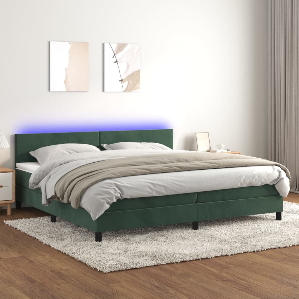 Lumarko Łóżko kontynentalne z materacem i LED zielony aksamit 200x200cm