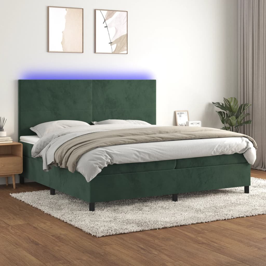 Lumarko Łóżko kontynentalne z materacem i LED zielony aksamit 200x200cm