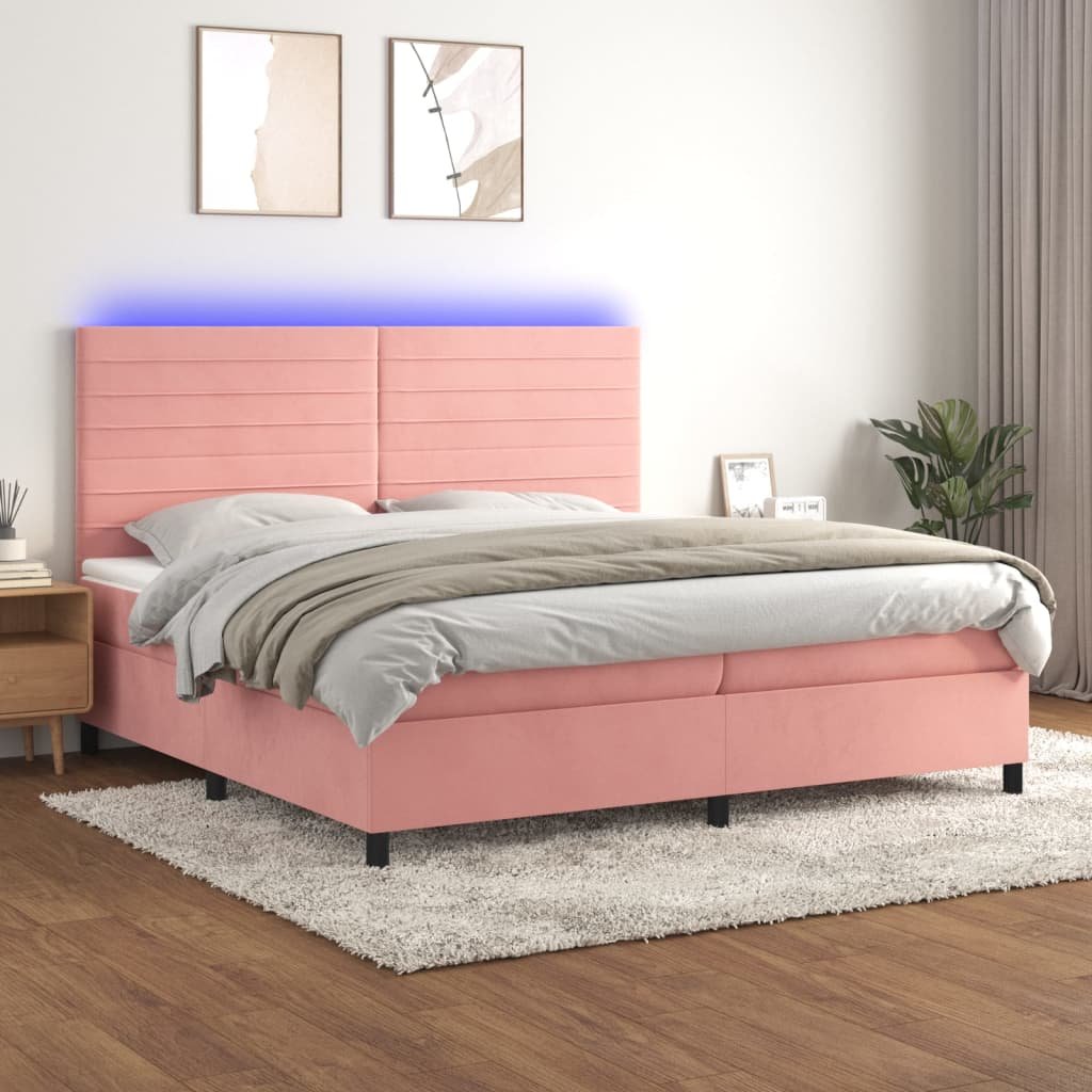 Lumarko Łóżko kontynentalne z materacem i LED, różowy aksamit 200x200cm