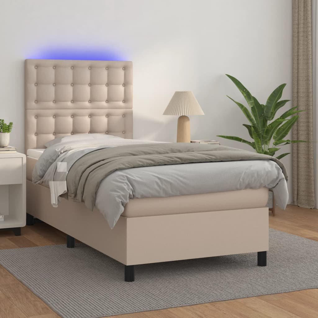 Lumarko Łóżko kontynentalne, materac i LED cappuccino ekoskóra 90x200cm