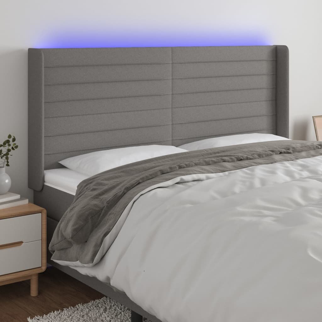 Lumarko Zagłówek do łóżka z LED, ciemnoszary, 203x16x118/128cm, tkanina