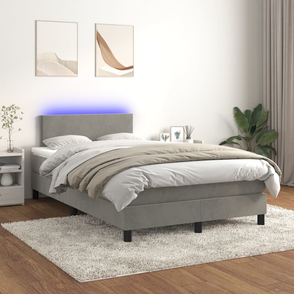 Lumarko Łóżko kontynentalne z materacem i LED, szare 120x200cm, aksamit
