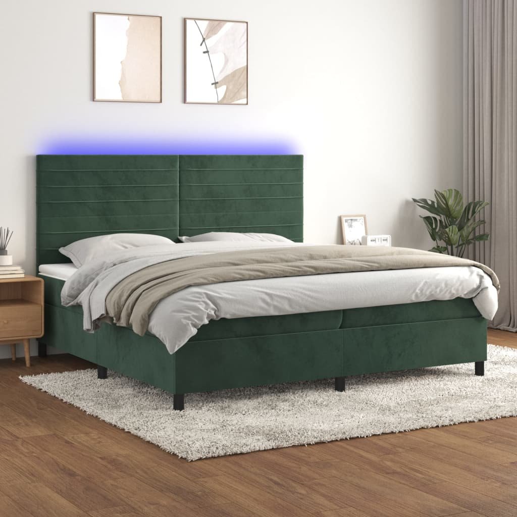Lumarko Łóżko kontynentalne z materacem i LED zielony aksamit 200x200cm
