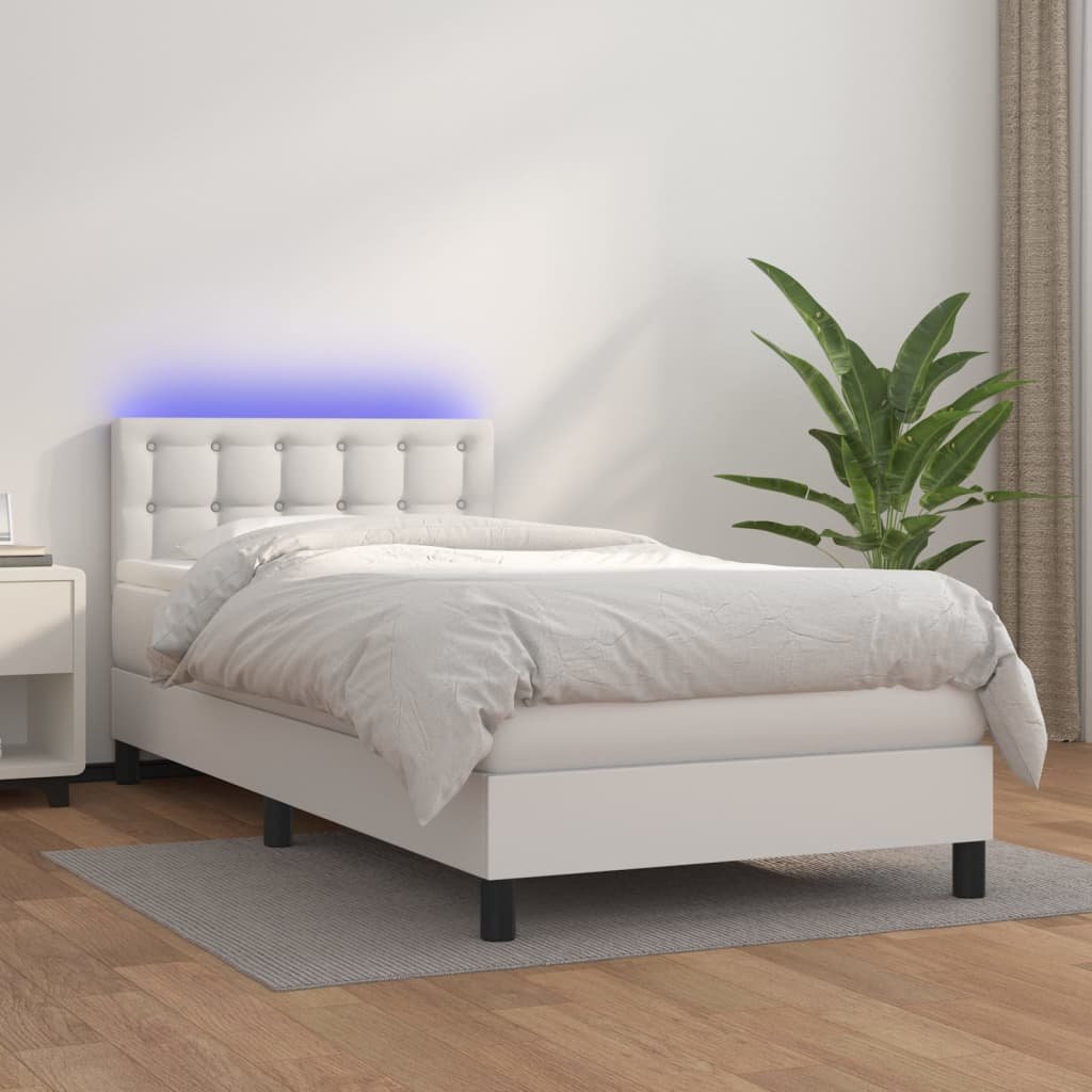 Lumarko Łóżko kontynentalne z materacem i LED, biała ekoskóra 80x200 cm