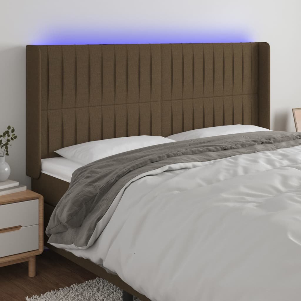 Lumarko Zagłówek do łóżka z LED ciemnobrązowy 203x16x118/128 cm tkanina