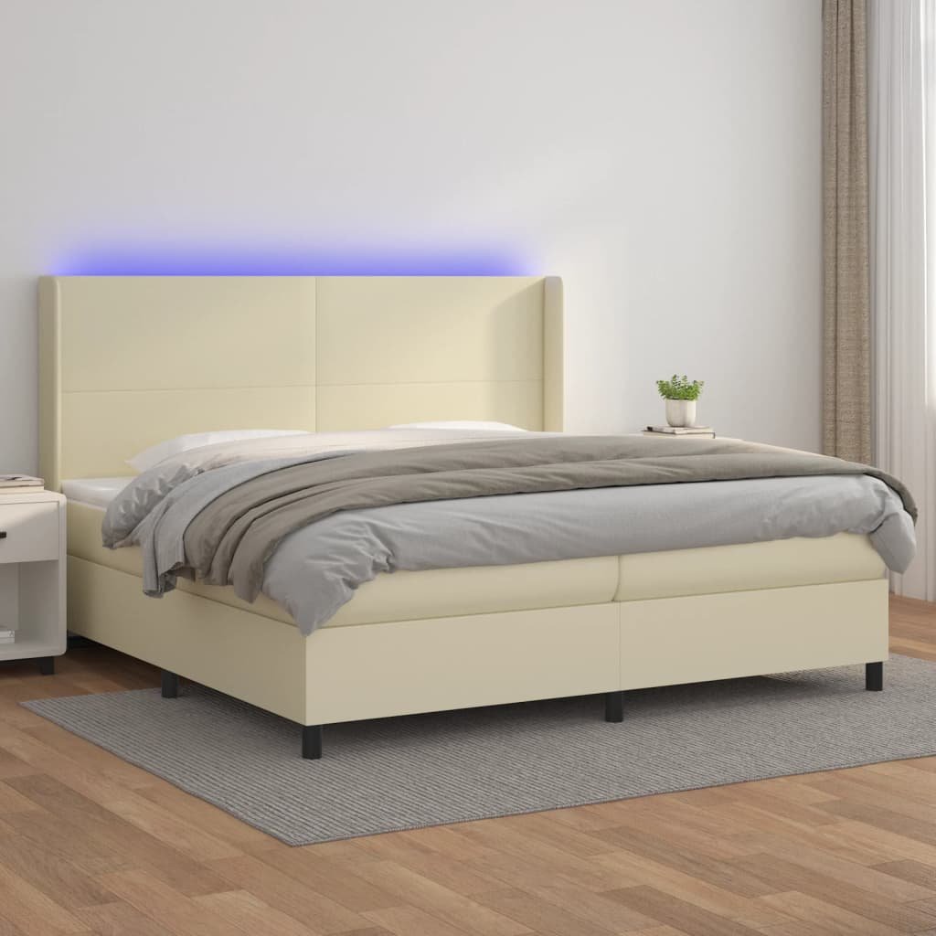 Lumarko Łóżko kontynentalne z LED, materac, kremowe, ekoskóra 200x200cm