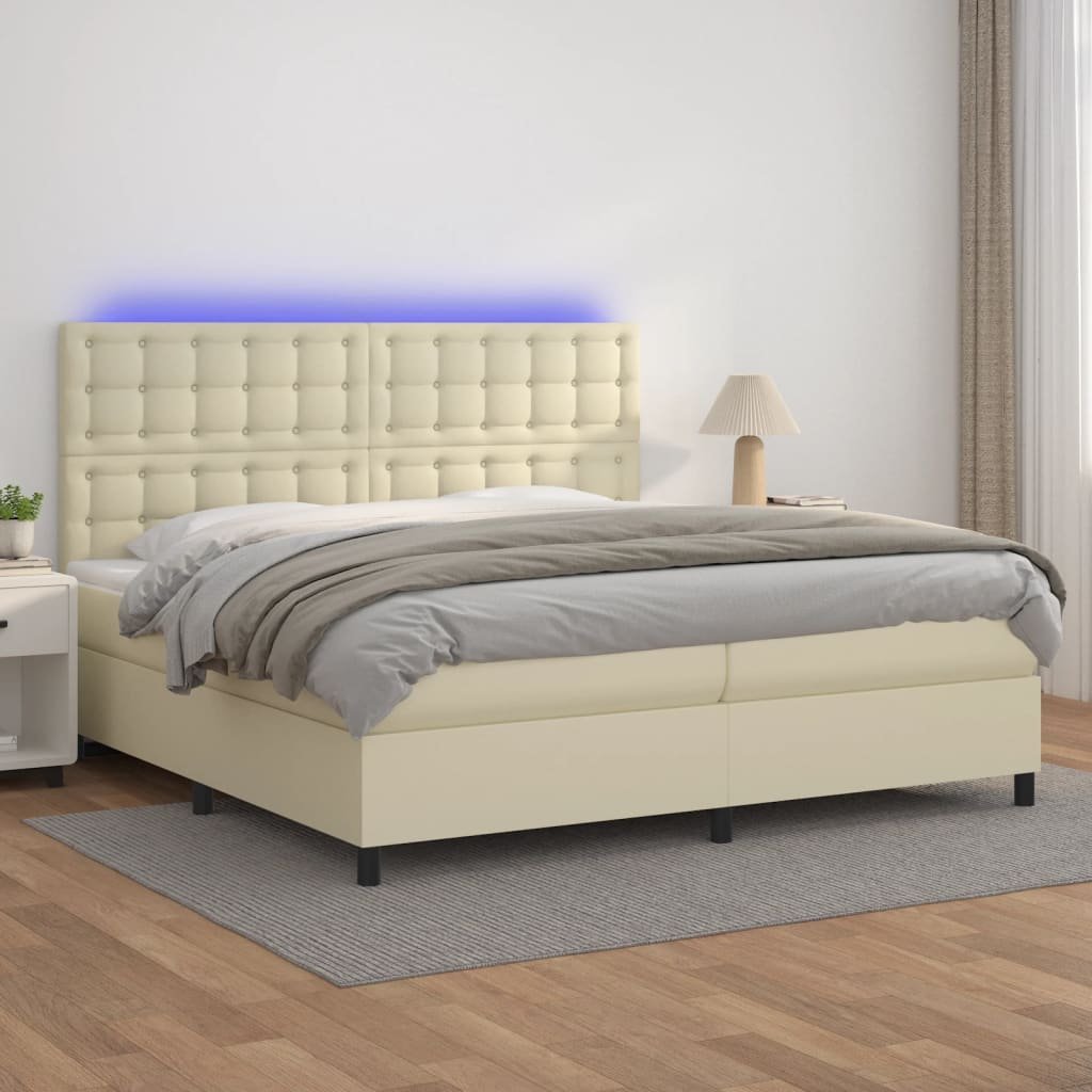 Lumarko Łóżko kontynentalne z LED, materac, kremowe, ekoskóra 200x200cm