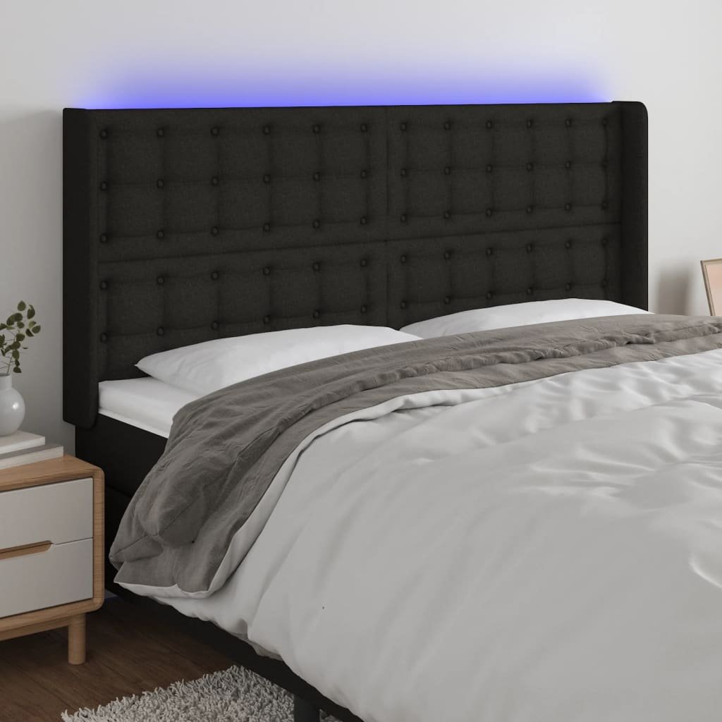 Lumarko Zagłówek do łóżka z LED, czarny, 163x16x118/128 cm, tkanina