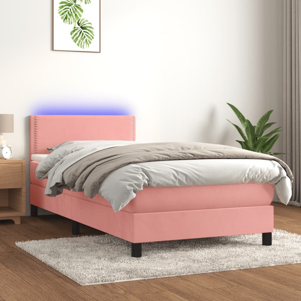 Łóżko kontynentalne z materacem i LED, różowy aksamit 90x200 cm Lumarko
