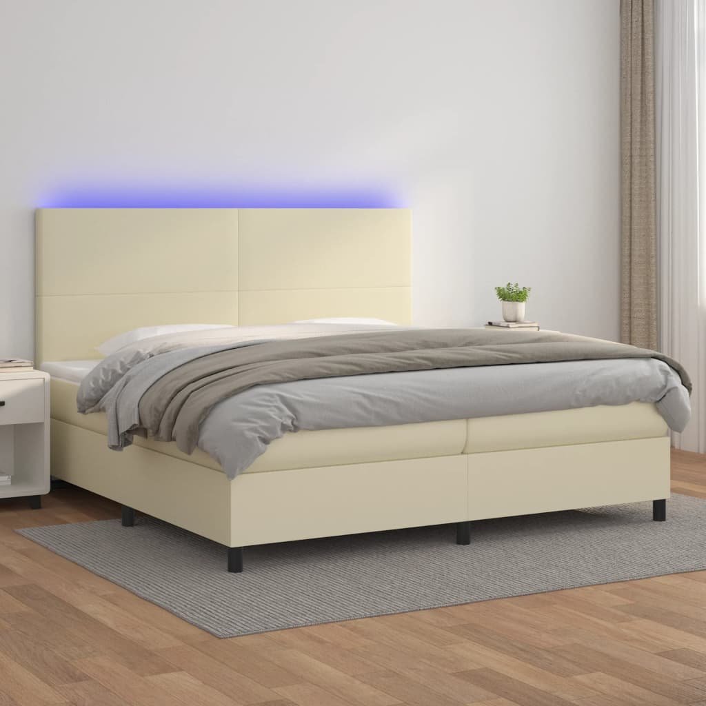 Lumarko Łóżko kontynentalne z LED, materac, kremowe, ekoskóra 200x200cm