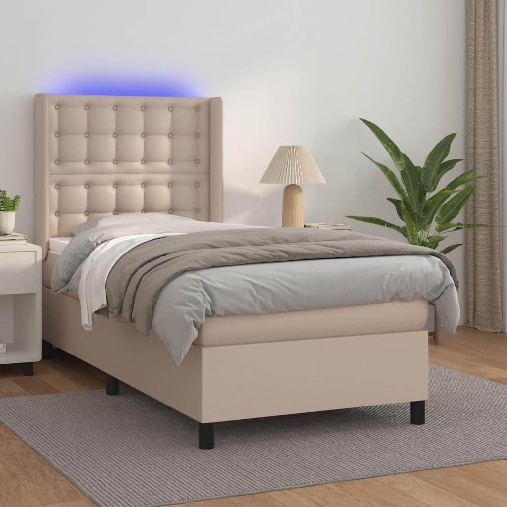 Lumarko Łóżko kontynentalne, materac i LED cappuccino ekoskóra 90x190cm