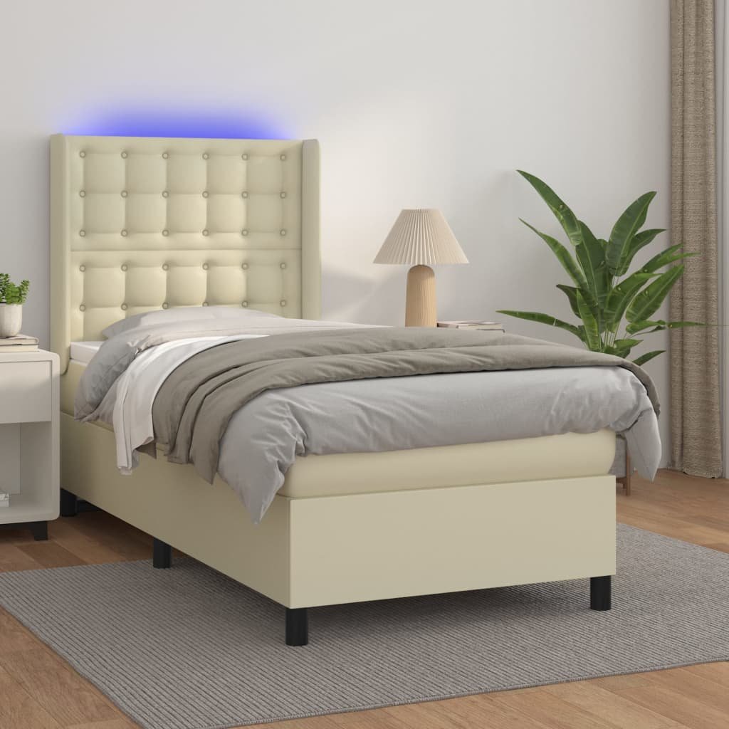 Lumarko Łóżko kontynentalne z LED, materac, kremowe, ekoskóra 90x200 cm
