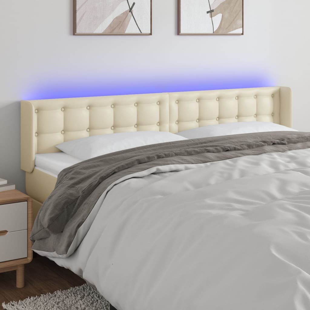 Lumarko Zagłówek do łóżka z LED, kremowy, 203x16x78/88cm sztuczna skóra