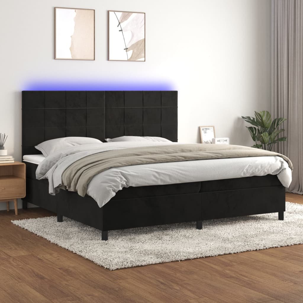 Lumarko Łóżko kontynentalne z materacem i LED, czarny aksamit 200x200cm