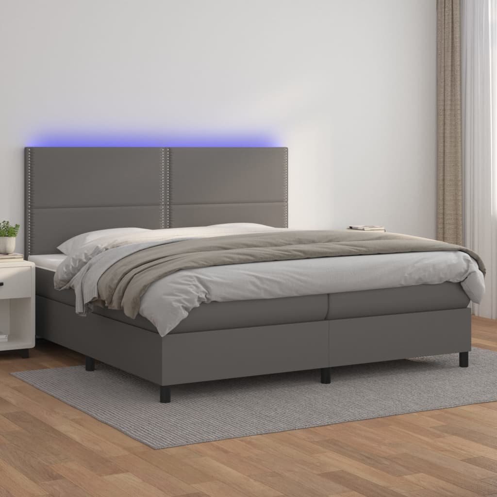 Lumarko Łóżko kontynentalne z materacem i LED, szara ekoskóra 200x200cm