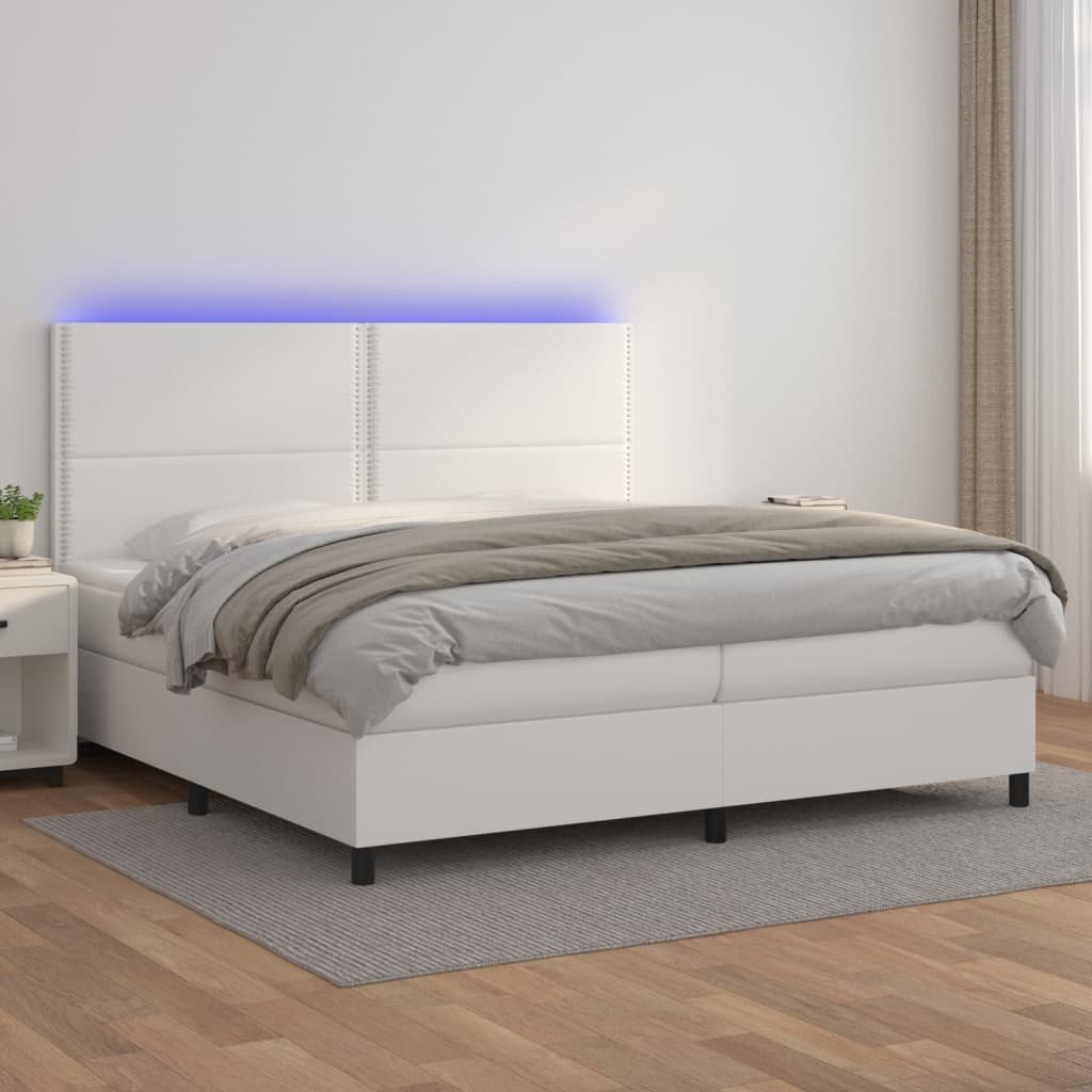 Lumarko Łóżko kontynentalne z materacem i LED, biała ekoskóra 200x200cm