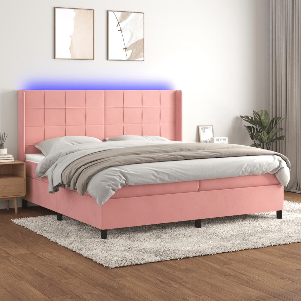 Lumarko Łóżko kontynentalne z materacem i LED, różowy aksamit 200x200cm