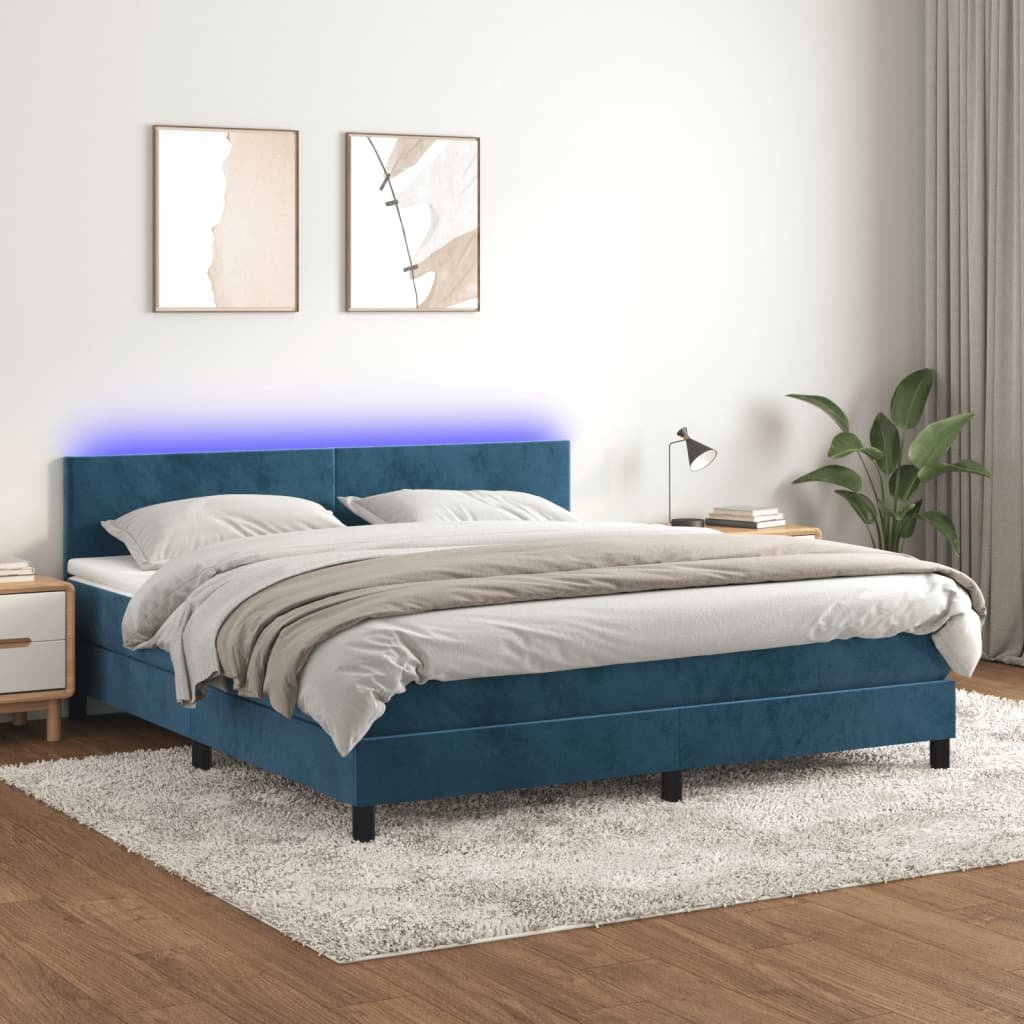 vidaXL Łóżko kontynentalne, materac i LED, niebieski aksamit 180x200cm
