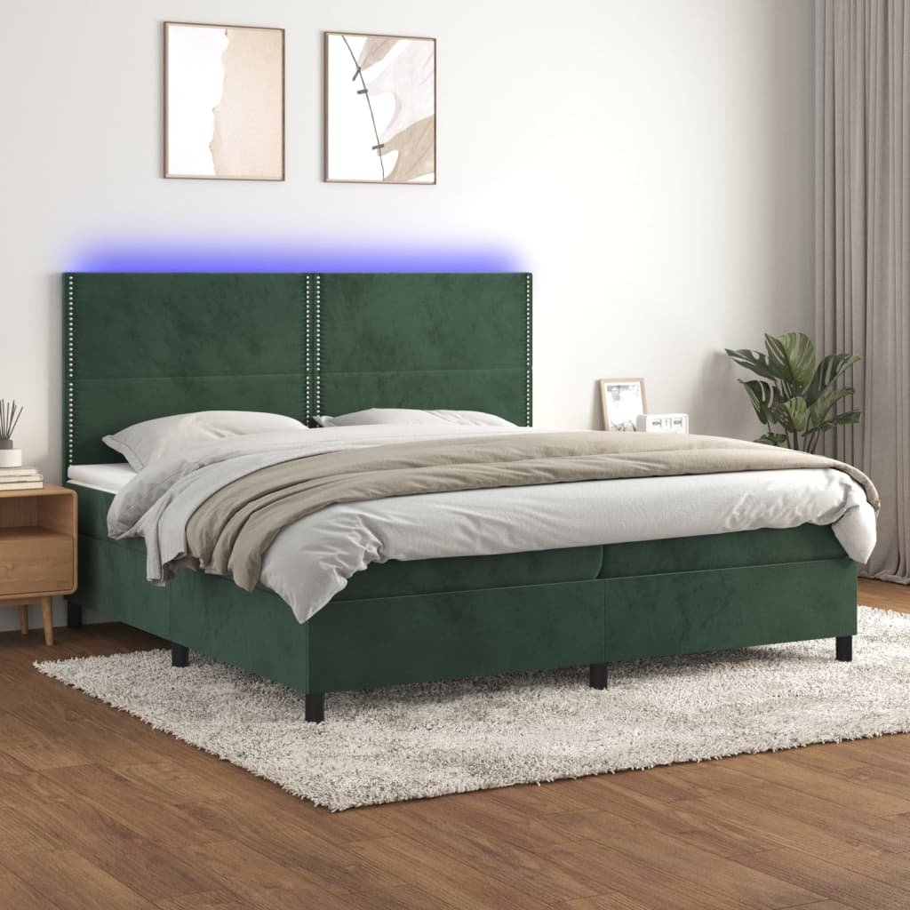 Lumarko Łóżko kontynentalne z materacem i LED zielony aksamit 200x200cm