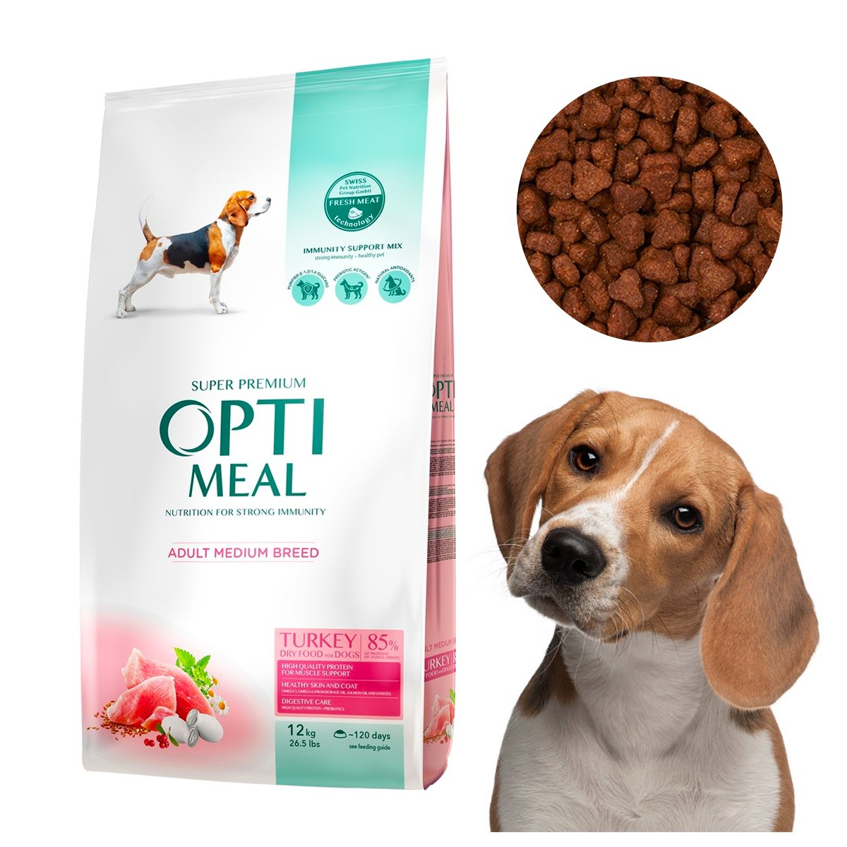 OPTI MEAL ADULT MEDIUM BREED SUCHA KARMA DLA PSA DOROSŁE ŚREDNICH RAS Z INDYKIEM 12KG