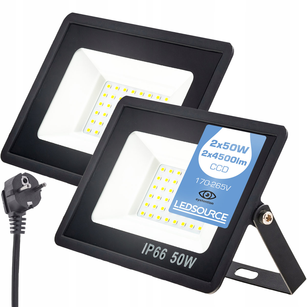 Halogen NAŚWIETLACZ LED 2x 50W 4500lm SLIM wtyczka