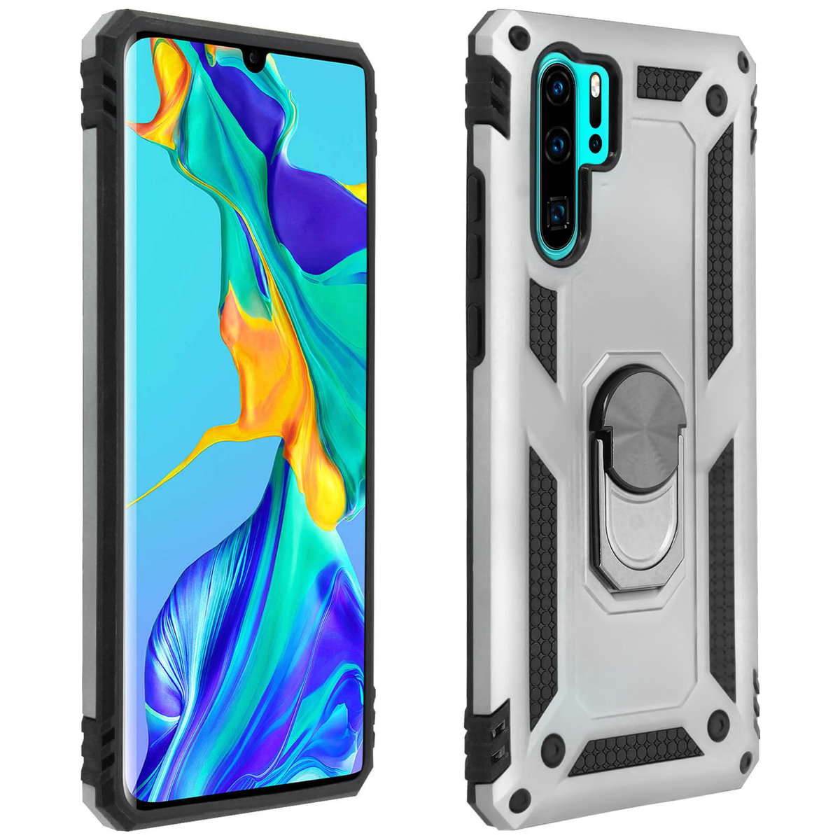 Etui Huawei P30 Pro Bi Material Sztywny miękki magnetyczny stojak na pierścionek Srebrny