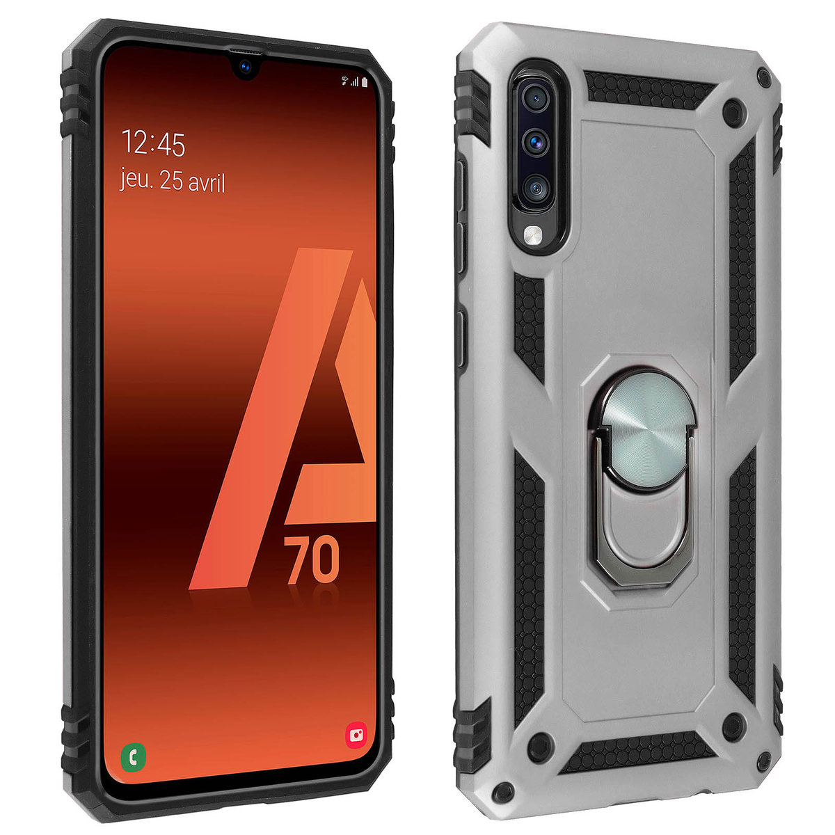 Samsung Galaxy A70 Case Bi Material Sztywny Miękki Magnetyczny Pierścień Stojak Srebrny