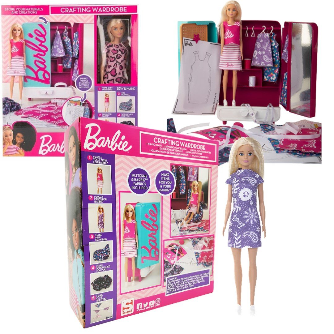 Barbie Zestaw studio projektowe zestaw do szycia ubranek szafa garderoba + lalka