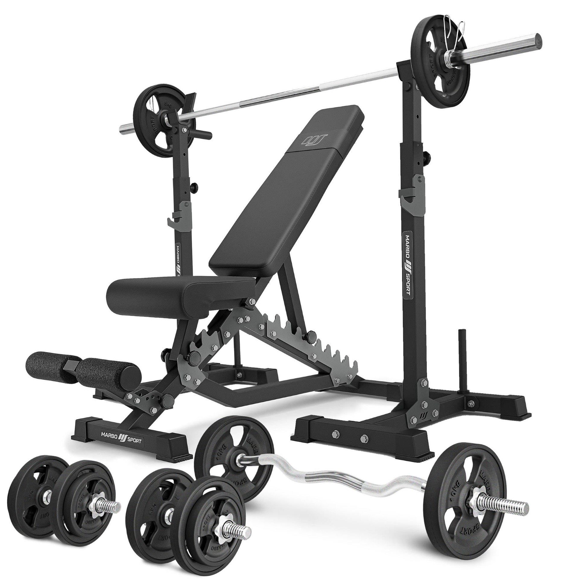 Zestaw MS34_2.0_83KG_G | Ławka dwustronna + wielopoziomowe stojaki (2 sztuki) pod sztangę z asekuracją  + zestaw gryfów i obciążeń gumowanych 83 kg - Marbo Sport