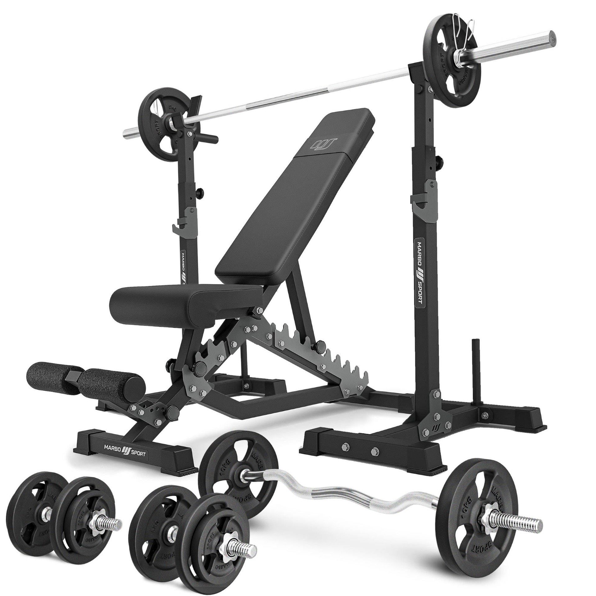 Zestaw MS34_2.0_83KG | Ławka dwustronna + wielopoziomowe stojaki (2 sztuki) pod sztangę z asekuracją  + zestaw gryfów i obciążeń 83kg - Marbo Sport