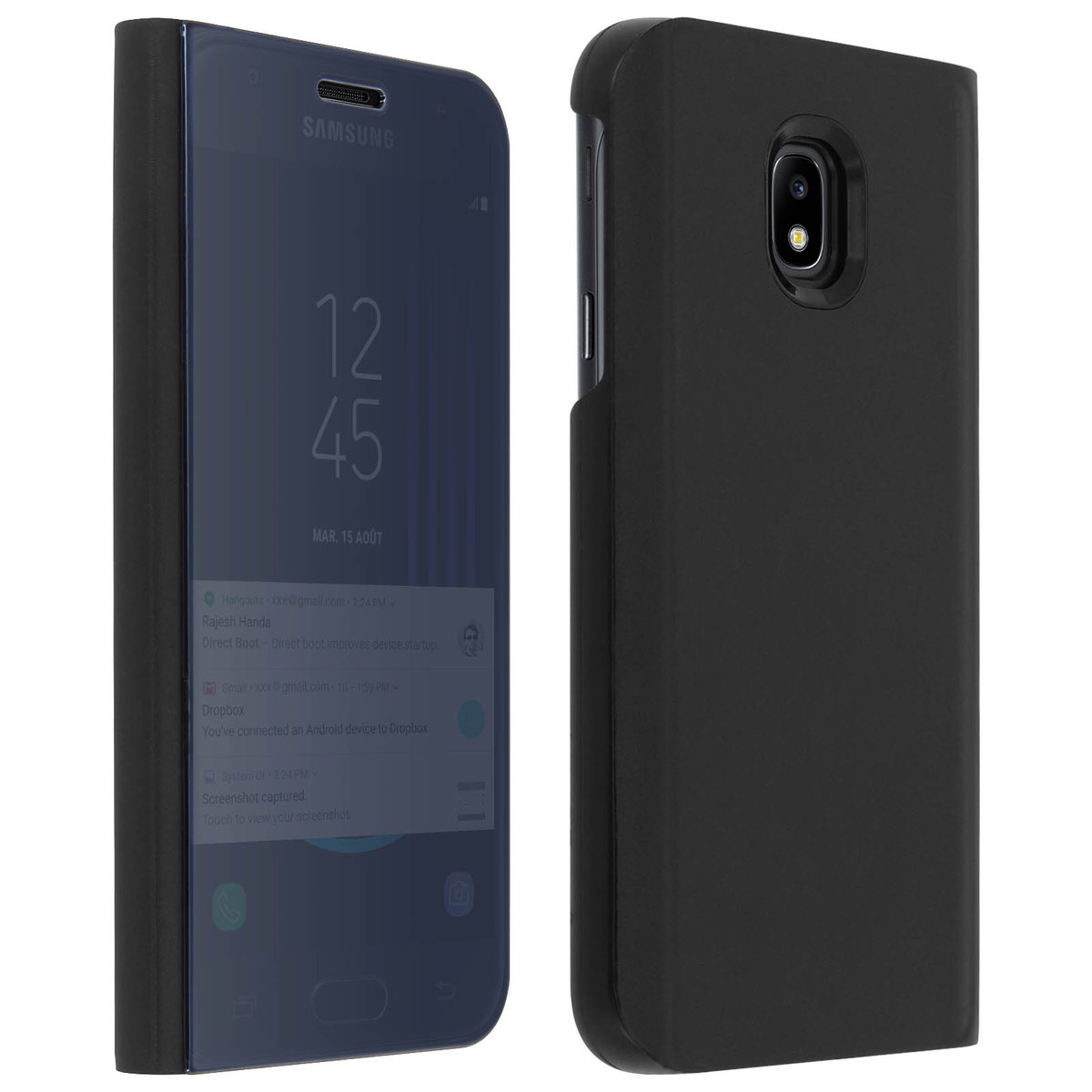 Flip Case, Mirror Case do Galaxy J3 2017, prześwitująca przednia klapka – czarna