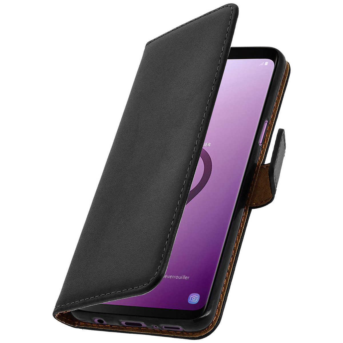 Skórzane Etui Folio do Samsunga Galaxy S9, Podstawka Wideo Prawdziwa Skóra Czarna