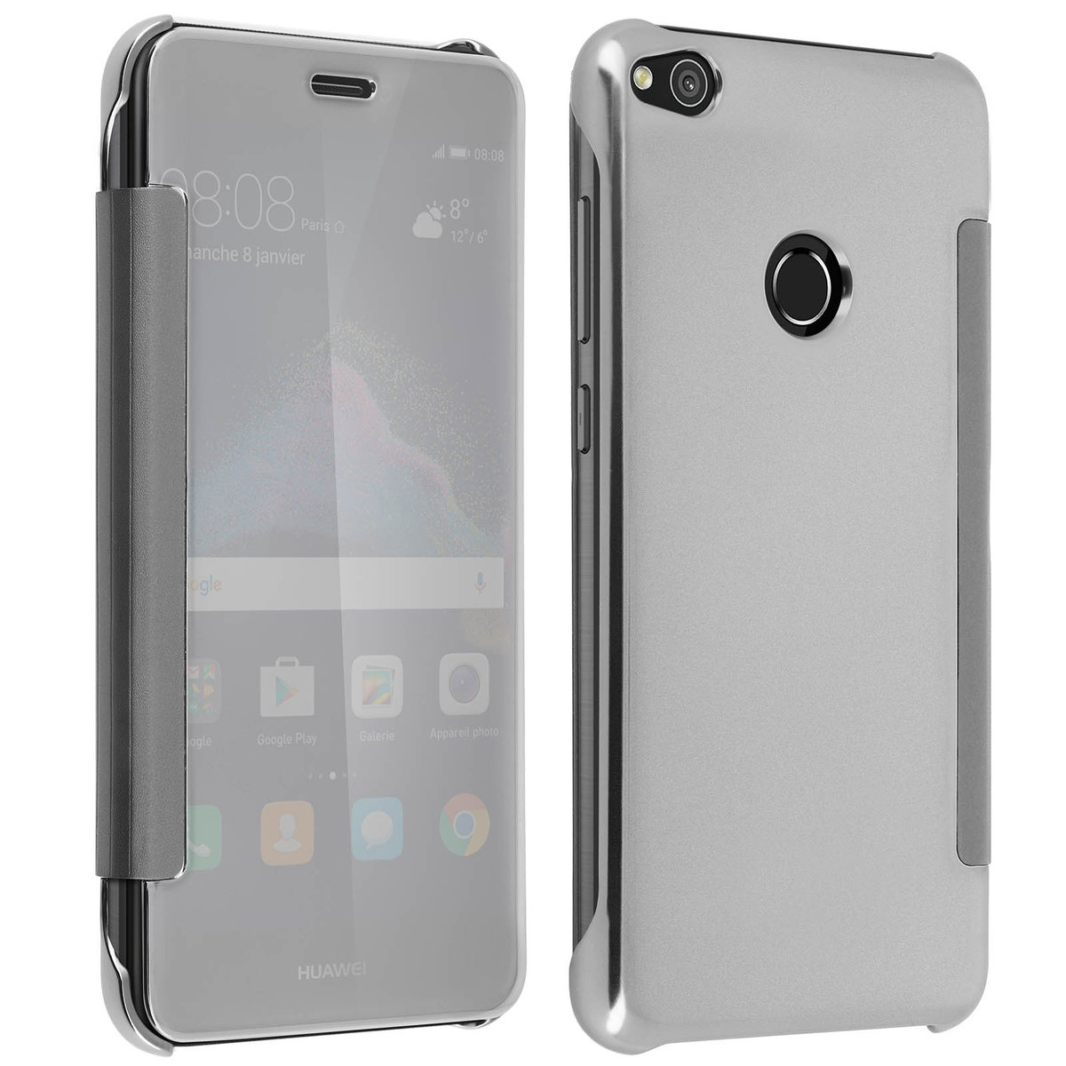 Etui z klapką, lustrzane etui do Huawei P8 Lite 2017, przezroczysta klapka z przodu – srebrna