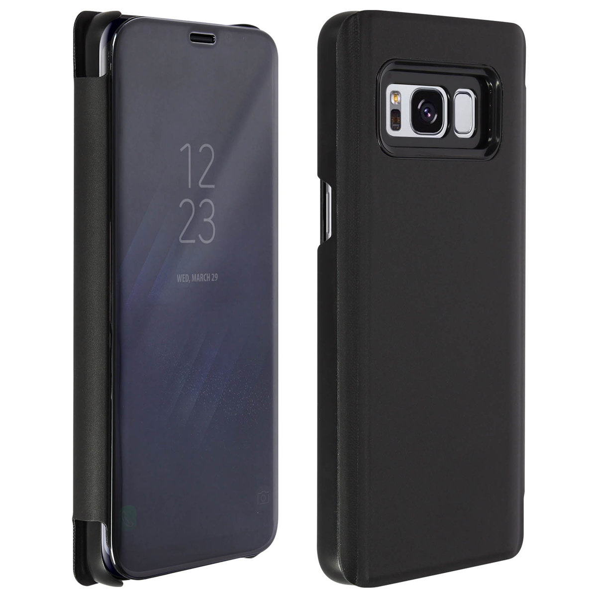 Etui z klapką, lustrzane etui do Galaxy S8, przezroczysta klapka z przodu — czarne