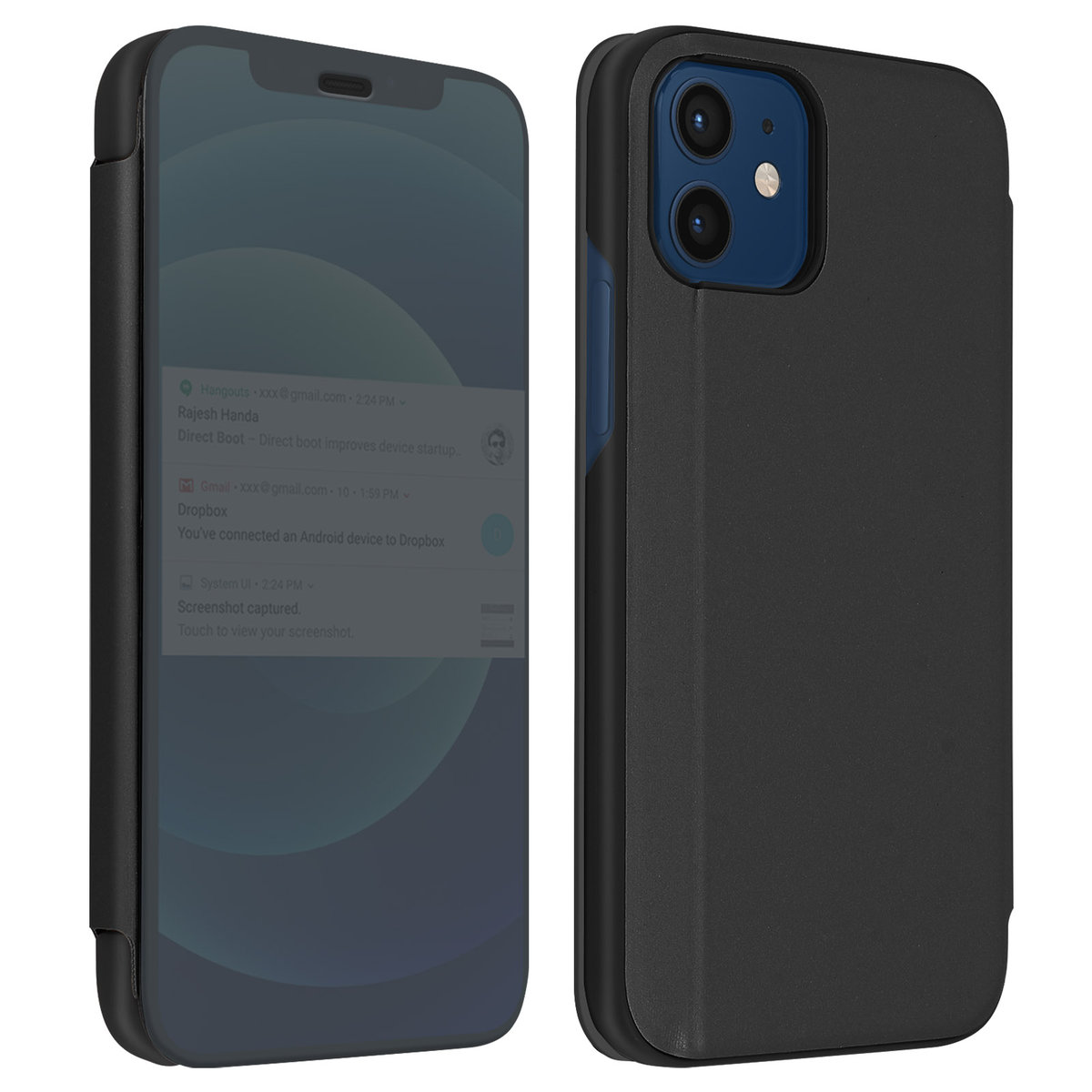 Etui do iPhone 12 Mini Przezroczysta klapka Design Mirror Podstawka wideo czarna