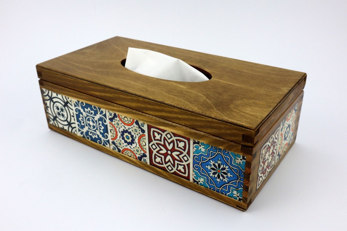 Chustecznik, prostokątne pudełko na chusteczki otwierane od góry Bejca, Azulejos kolorowe
