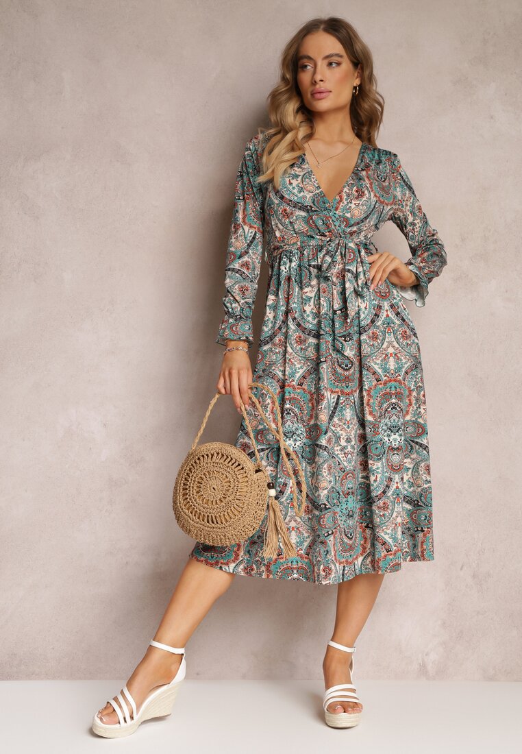 Zielona Sukienka Midi z Wzorem Paisley i Gumką w Talii Alynthe