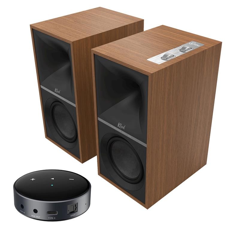 Klipsch The Sevens – Aktywne kolumny podstawkowe (para) + WiiM Mini - Odtwarzacz sieciowy streamer Walnut