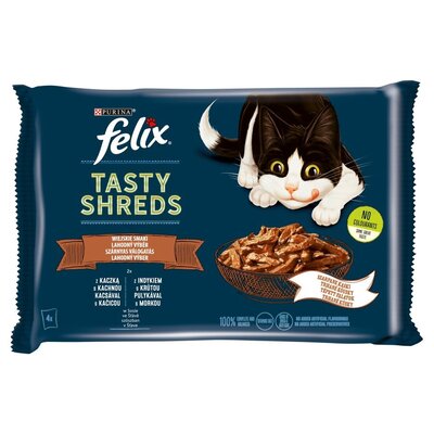 Purina Felix TASTY SHREDS Wiejskie Smaki z Kaczką i z Indykiem 4x80g mokra karma dla kotów dorosłych 4 x 80 g