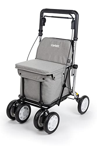 Carlett - Wózek na zakupy i chodzik z siedzeniem dla osób starszych - Produkt medyczny klasy I homologowany, składany wózek 4-kołowy, wyjmowana torba 36L/15kg i taca na przedmioty - jasny szary