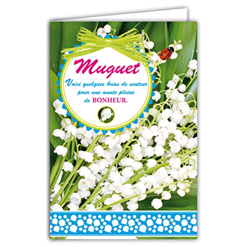 Afie 68-1039-B Karta z kopertą MUGUET PORTE-BONHEUR z ręcznie malowanym drewnianym COCINELLE 13 białych dzwonków 1. maja bukiet kwiatów impreza niebieskie niebo