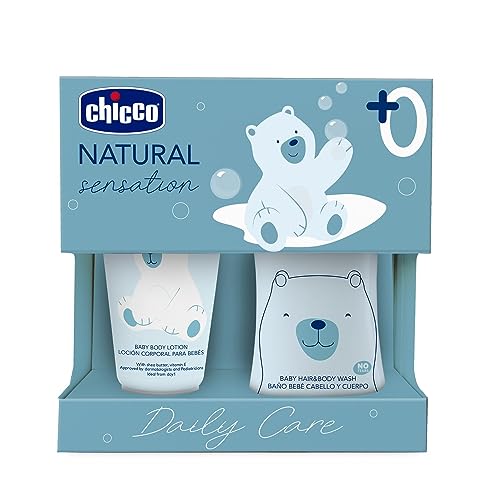 CHICCO Zestaw kosmetyków Natural Sensation z łazienką szampon bez łez 200 ml i krem do ciała 150 ml dla dzieci, pomysł na prezent